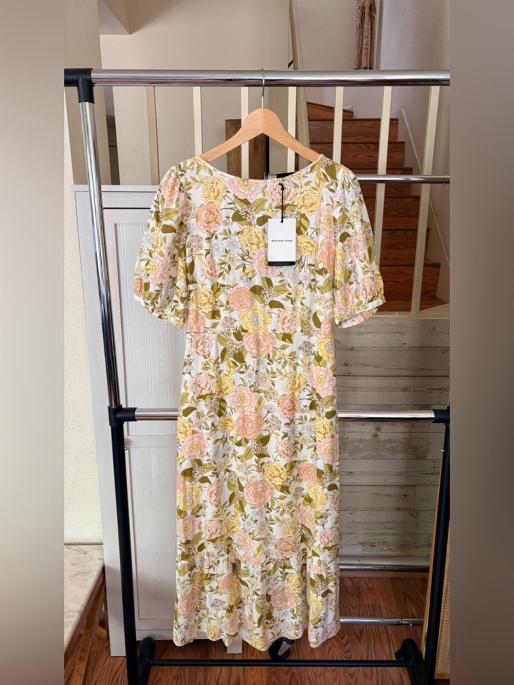 Who What Wear Small Linen Floral Tie Back Midi Dress Puff Sleeves & Side Pockets - Picture 3 of 11